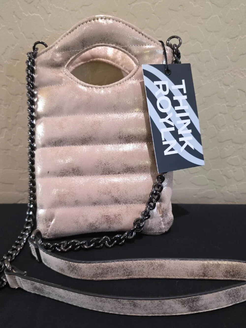 NWT Mini Florent Pink Champagne Puffer Crossbody Bag Purse Chain Strap